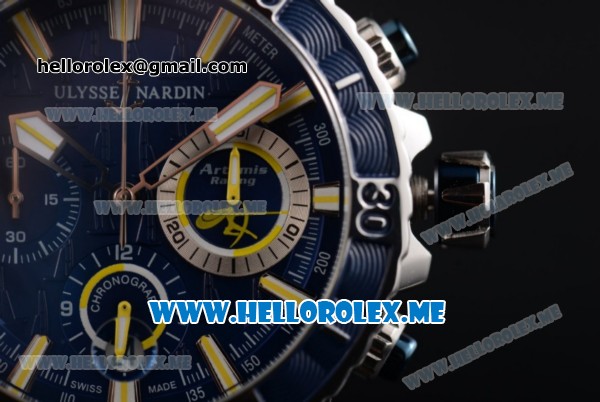 Ulysse Nardin Maxi Marine Diver Miyota OS20 Quartz Steel Case with Blue Dial and Blue Rubber Strap Yellow Stick Markers - Click Image to Close